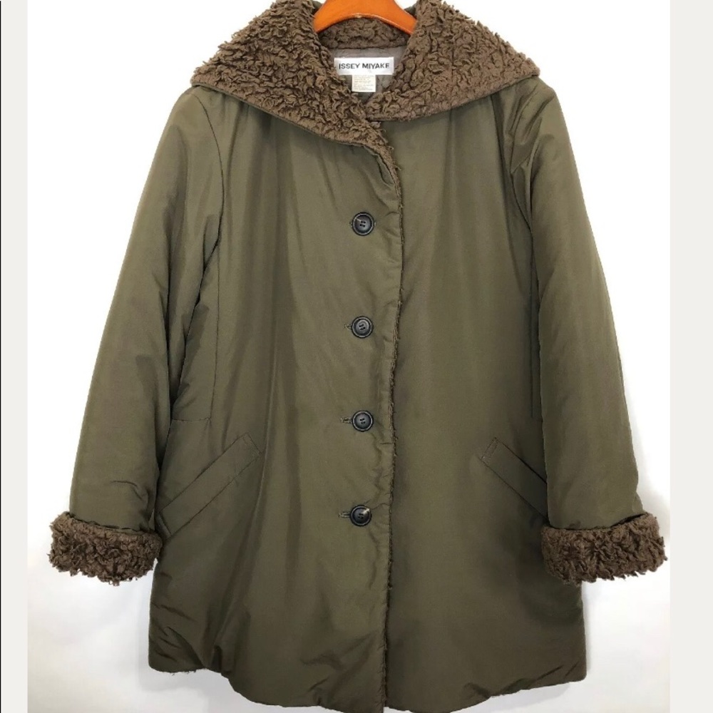 Issey Miyake Sherpa Trim Oversized Hooded Coat
